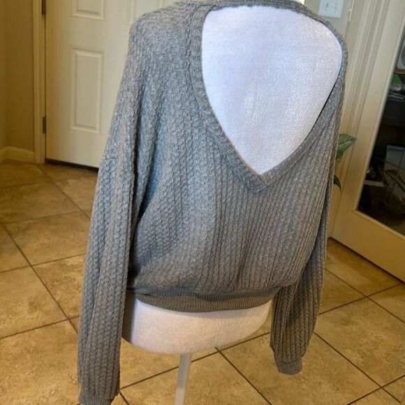 Project Social T Women's S Waffle Knit Pullover Sweater Gray Open Back Slouchy - Picture 6 of 8